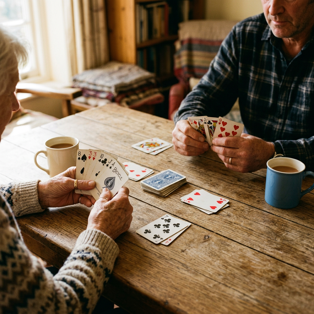 Two pairs of hands playing cards over afternoon tea